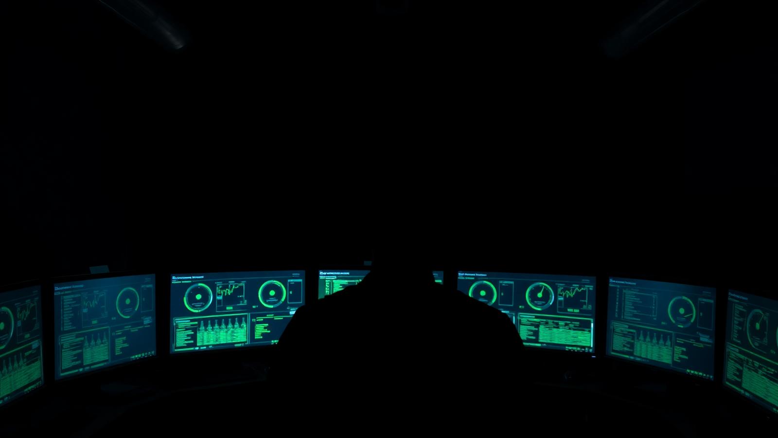 Security operations centre at night with analyst dashboards