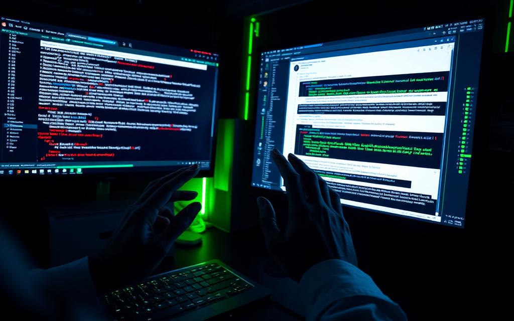 Analyst reviewing email headers and evidence on dual screens