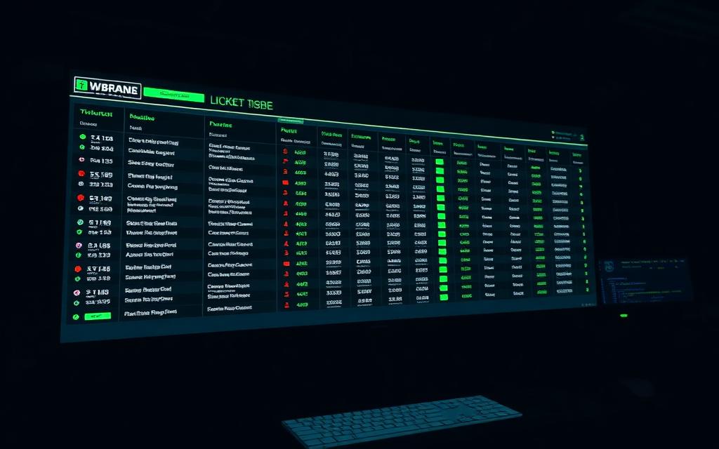 SOC ticket queue dashboard with severity badges and SLA timers